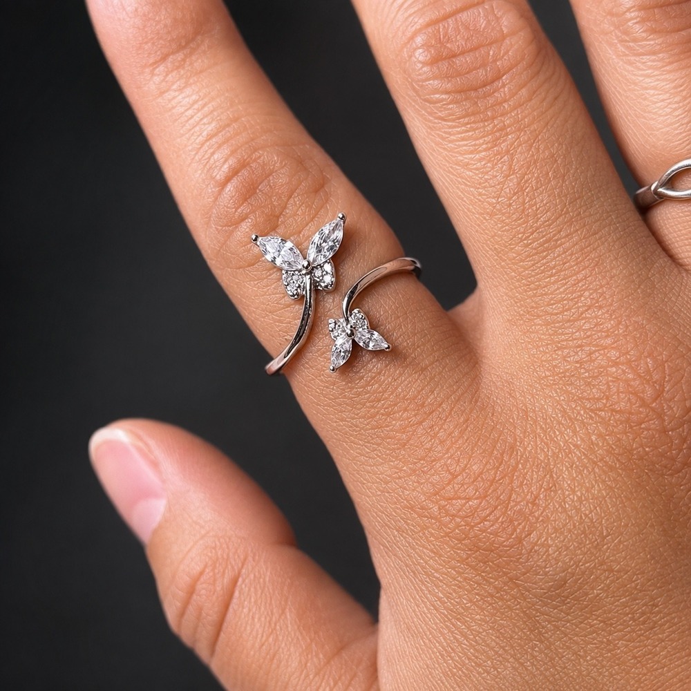 Sterling Silver 925 Double Butterfly Bypass Ring Cubic Zirconia Size 8.25